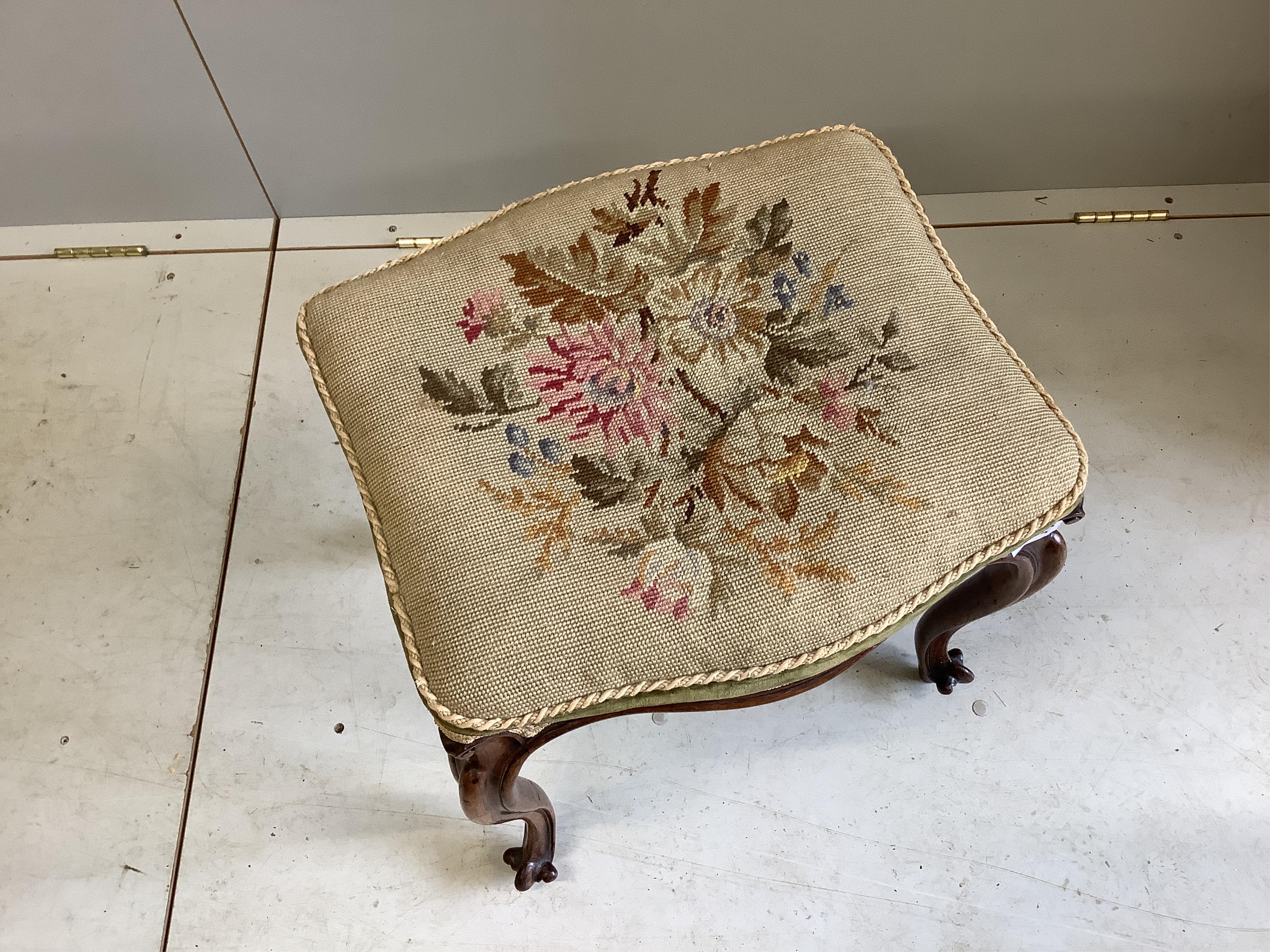 A Victorian walnut dressing stool, width 47cm, height 46cm. Condition - good